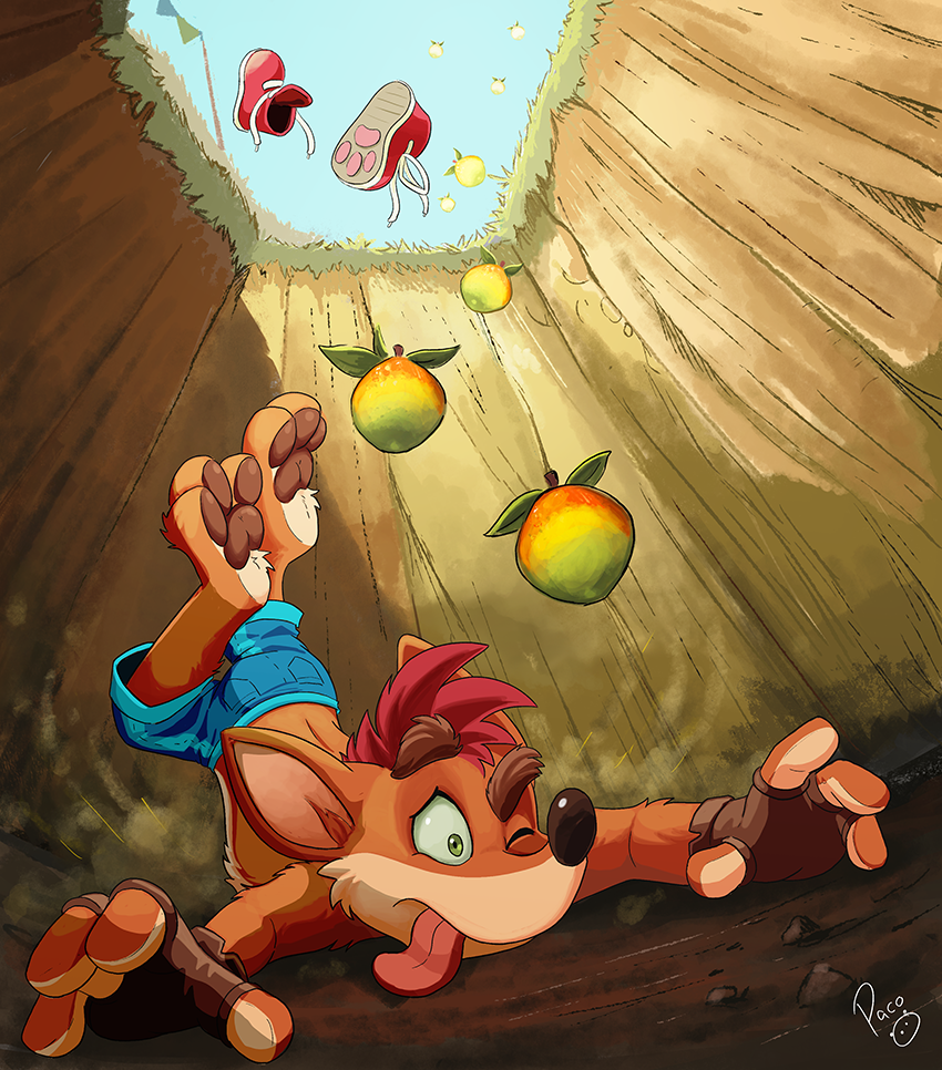artist_name blue_sky brown_gloves crash_bandicoot crash_bandicoot_(series) falling fingerless_gloves food fruit furry furry_male gloves green_eyes on_ground one_eye_closed outdoors pandapaco pitfall red_footwear red_hair shoes short_hair shorts sky solo tongue tongue_out watermark wumpa_fruit