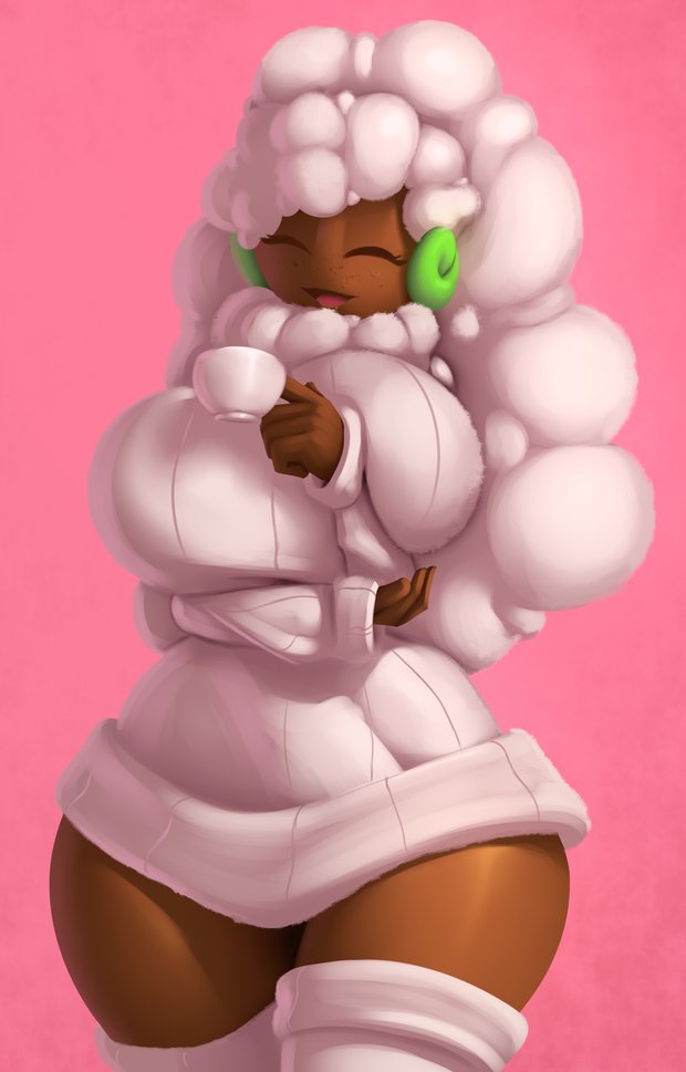 anthro big_breasts breasts brown_body brown_skin clothing coffee_cup container cup dibujosv12 female fluffy fluffy_hair generation_5_pokemon hair legwear neck_tuft nintendo pink_background pokemon pokemon_(species) simple_background solo sweater thick_thighs thigh_highs topwear tuft turtleneck whimsicott