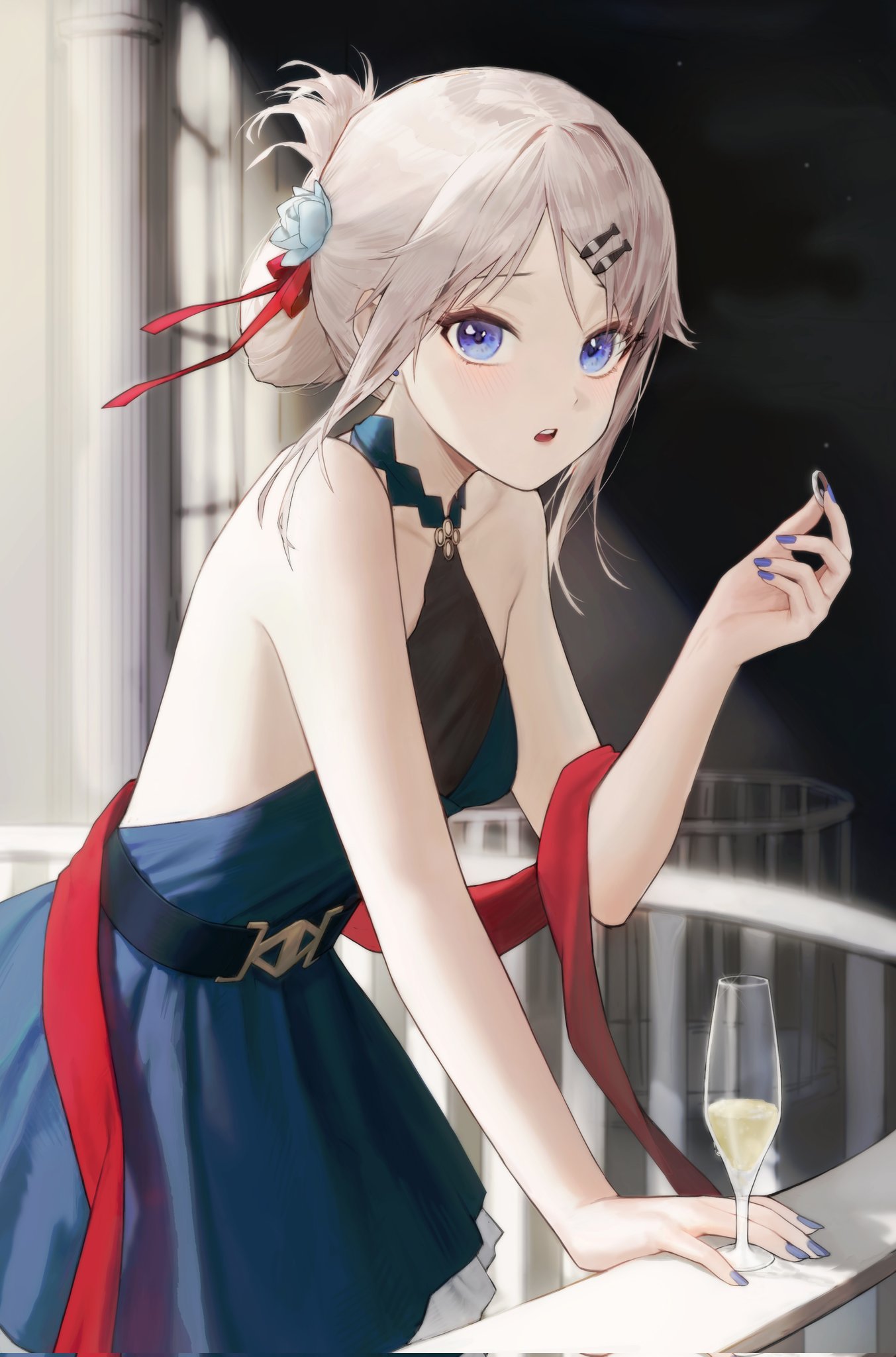 1girl 9a-91_(girls'_frontline) :o alternate_costume arm_support backless_dress backless_outfit bare_shoulders belt blue_belt blue_dress blue_eyes blue_nails blush champagne_flute collarbone commentary cowboy_shot cup dress drinking_glass flower girls'_frontline hair_bun hair_flower hair_ornament hair_ribbon hairclip highres holding holding_jewelry holding_ring jewelry kir_(khw66136132) looking_at_viewer nail_polish night outdoors parted_bangs red_ribbon ribbon ring sidelocks solo white_hair