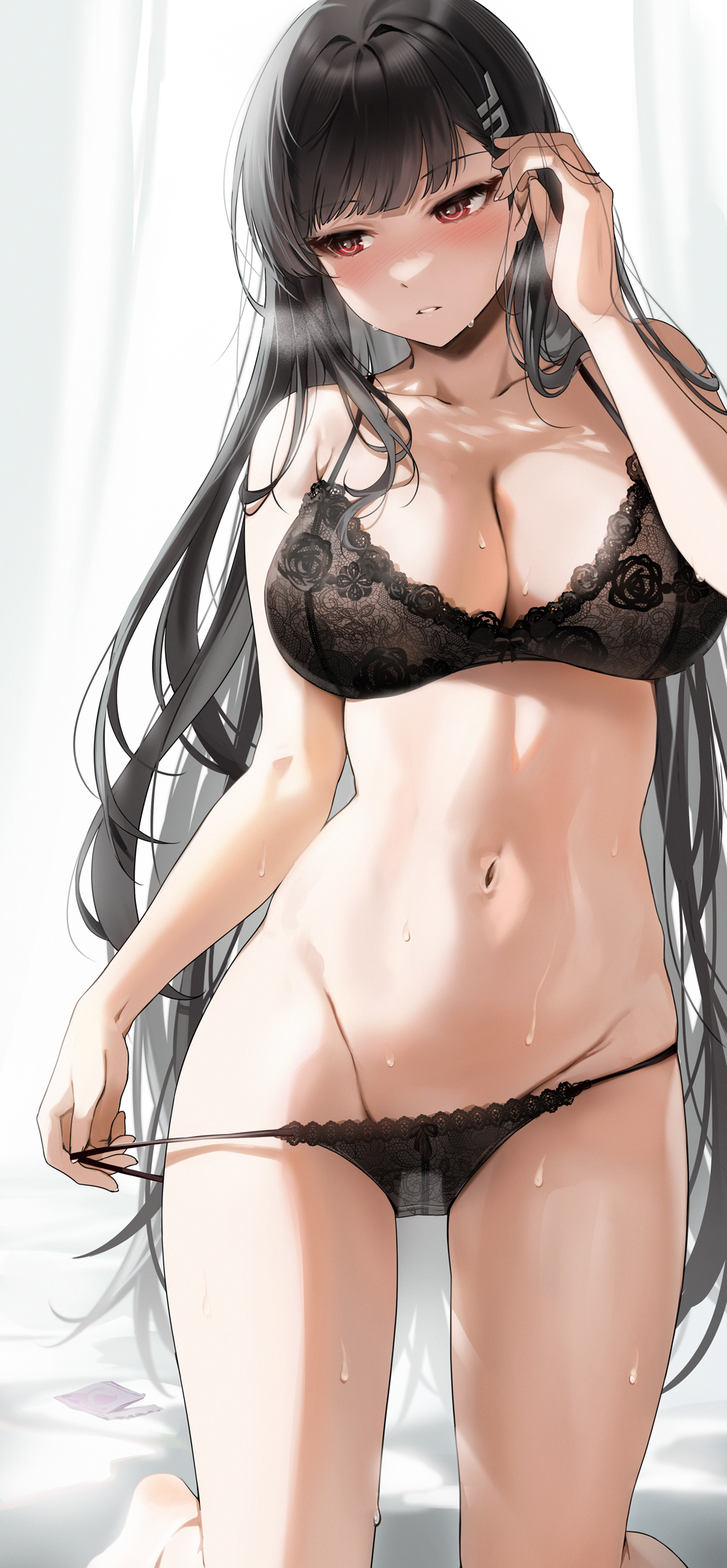 1girl black_bra black_hair black_panties blue_archive blush bra breasts cleavage collarbone commentary condom condom_wrapper floral_print gijang hair_ornament hand_in_own_hair hand_up highres kneeling large_breasts lingerie long_hair navel panties parted_lips red_eyes rio_(blue_archive) solo stomach strap_pull sweat thighs underwear