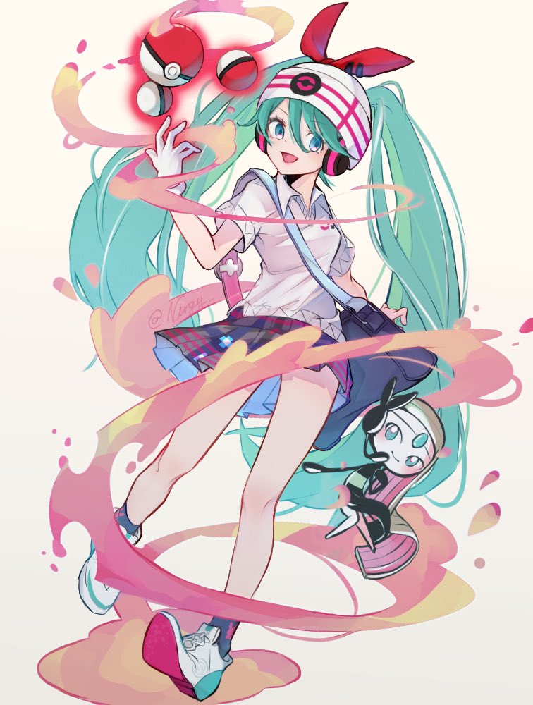 1girl aqua_eyes aqua_hair bag beanie black_socks collared_shirt gloves hair_through_headwear hat hatsune_miku headphones long_hair meloetta nirugiri_(nirgy) pleated_skirt poke_ball pokemon pokemon_(creature) project_voltage psychic psychic_miku_(project_voltage) shirt shoulder_bag single_glove skirt socks twintails very_long_hair vocaloid white_footwear white_headwear white_shirt