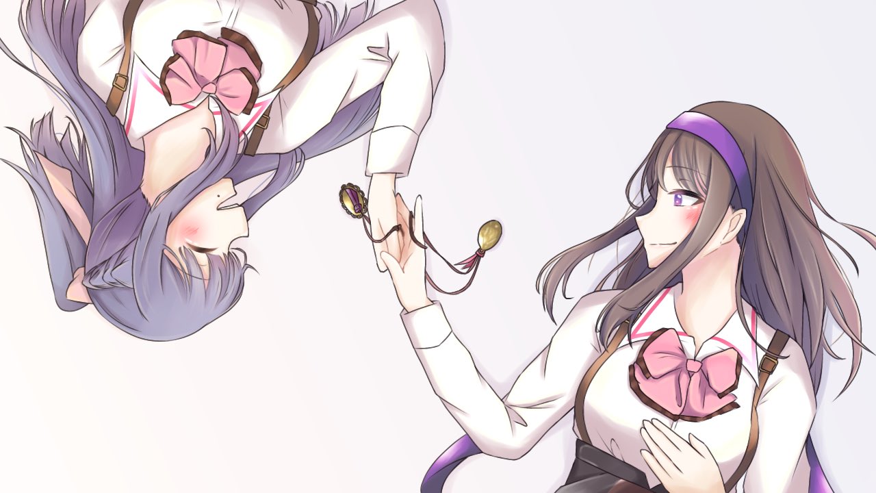 2girls arm_at_side assault_lily blush bow bowtie braid breasts closed_eyes closed_mouth collared_shirt commentary facing_another french_braid fukuyama_jeanne_sachie gradient_background grey_background hair_bow hair_spread_out hairband half_updo hand_on_own_chest hand_up hands_up holding holding_hands holding_jewelry holding_necklace jewelry jewelry_removed kishimoto_maria_mirai light_smile long_sleeves looking_at_another looking_to_the_side ludvico_private_girls'_academy_school_uniform lying medium_breasts mimura_(eh_mi0) mole mole_under_eye multiple_girls necklace necklace_removed on_back parted_lips pendant pink_bow pink_bowtie profile purple_eyes purple_hair purple_hairband school_uniform shirt sidelocks smile suspenders teeth underbust upper_body upper_teeth_only upside-down white_shirt