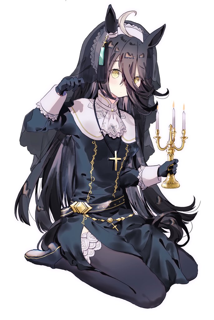 1girl ascot black_dress black_gloves black_hair black_pantyhose candle candlestand cross cross_necklace dress fire gloves holding holding_candle jewelry long_hair looking_at_viewer manhattan_cafe_(umamusume) migolu necklace pantyhose seiza sitting solo umamusume white_ascot white_headdress yellow_eyes