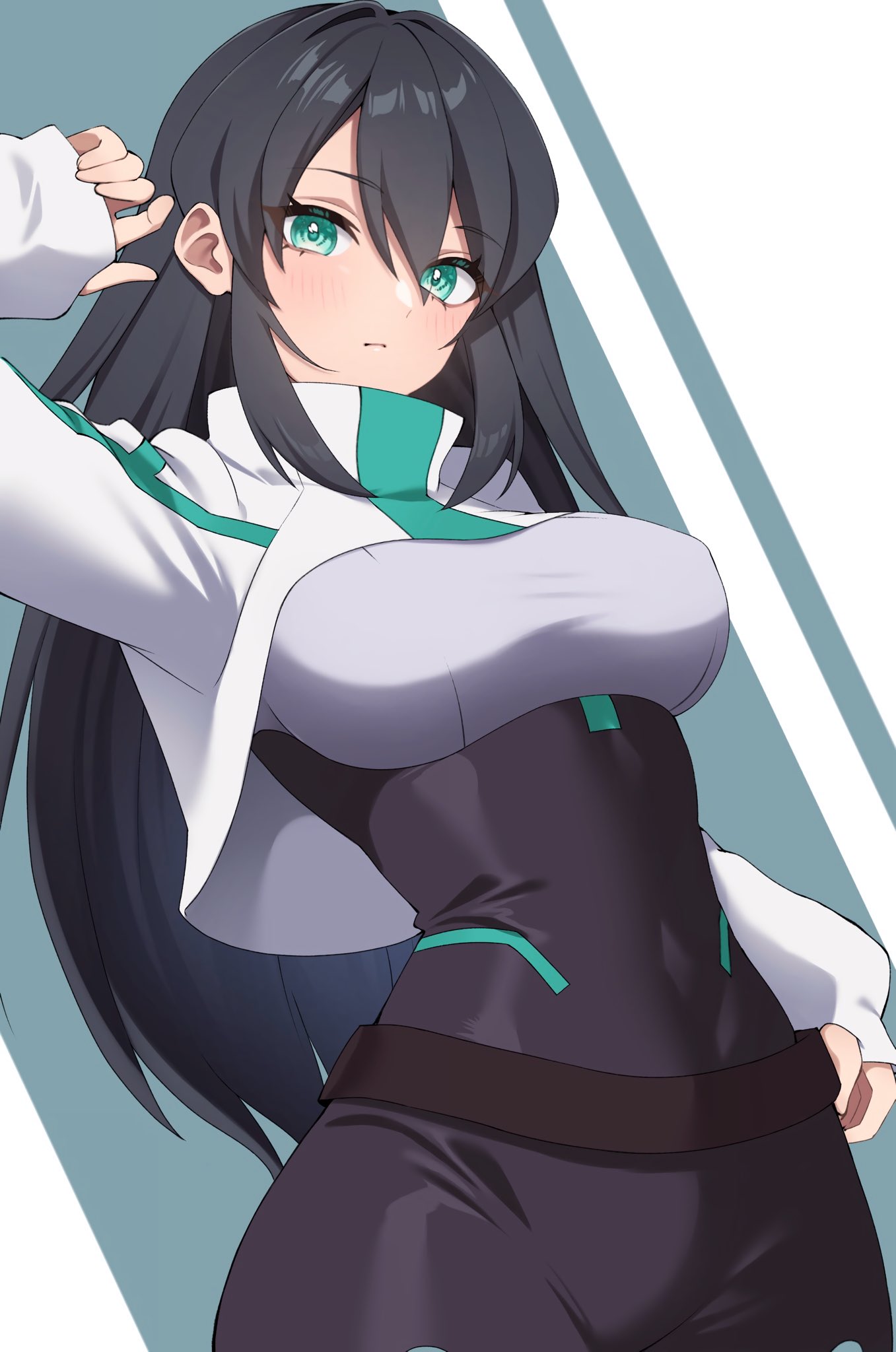 1girl black_bodysuit black_hair blush bodysuit bodysuit_under_clothes breasts campbell_xx closed_mouth commentary covered_navel expressionless eyes_visible_through_hair green_eyes grey_background gundam gundam_build_divers gundam_build_divers_re:rise hair_between_eyes hand_on_own_hip hand_up high_collar highres ibispaint_(medium) large_breasts long_hair long_sleeves looking_at_viewer may_(gundam_build_divers_re:rise) shrug_(clothing) skin_tight solo two-tone_background very_long_hair white_background