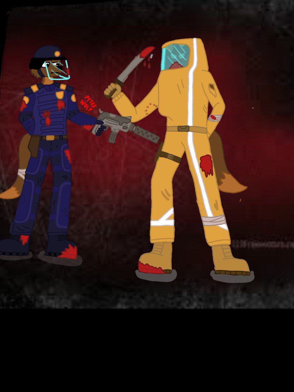 angry anthro blood bodily_fluids brother brothers brown_body brown_fur canid canine canis clothing domestic_dog duo fur hazmat hazmat_suit hi_res machete male mammal melee melee_weapon police police_officer police_uniform pytex_wolf red_blood riot_police sibling suit survivor uniform weapon wolf wounded yellow_clothing yellow_suit