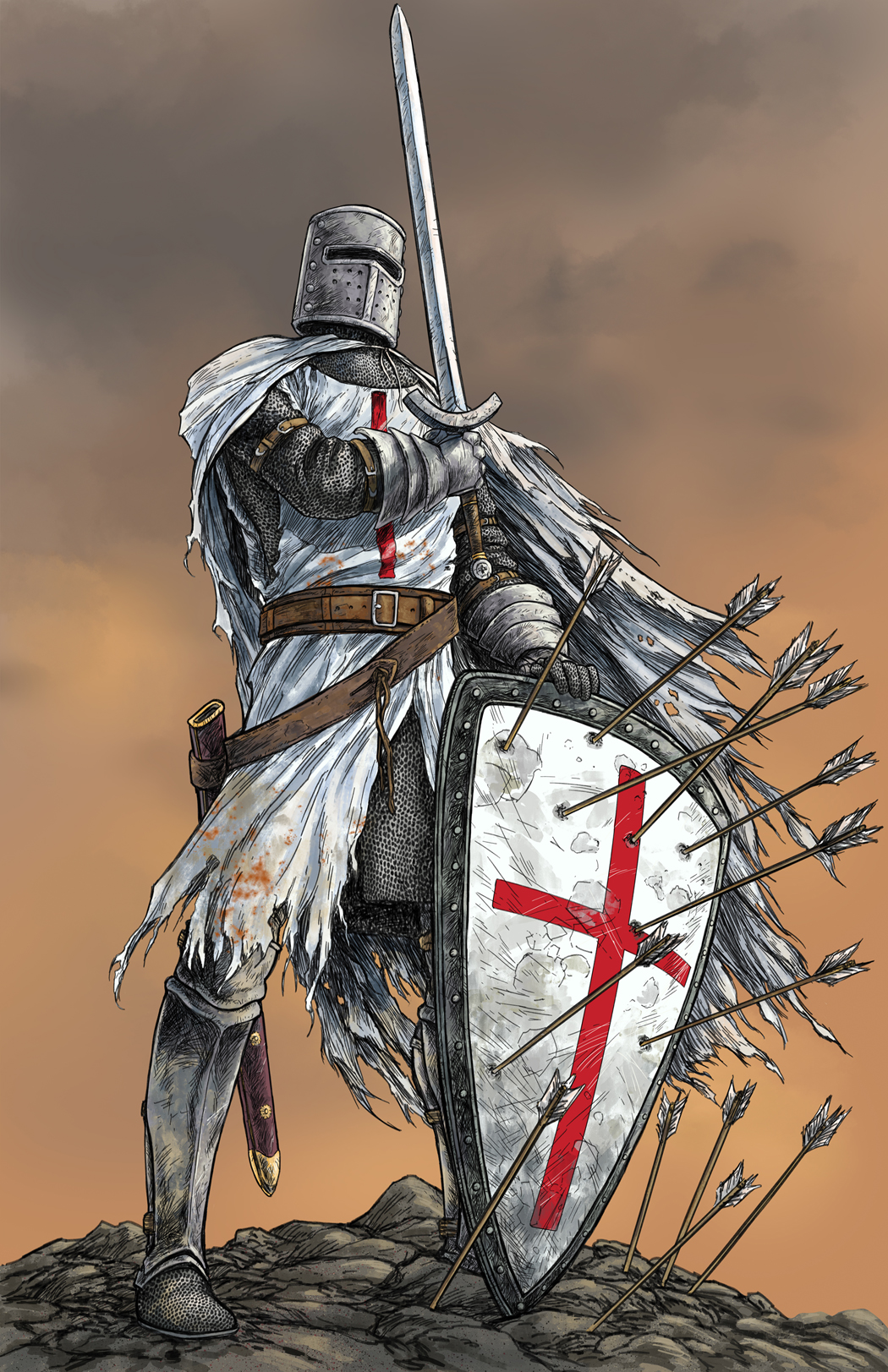 1other ambiguous_gender armor arrow_(projectile) belt belt_buckle boots brettbarkley brown_belt buckle cape chainmail cloud cloudy_sky commentary covered_face cross damaged dirty dirty_clothes english_commentary european_clothes facing_viewer full_armor full_body gauntlets grey_footwear grey_headwear grey_sky helmet highres holding holding_sword holding_weapon knight knights_templar latin_cross medieval on_ground on_rock orange_sky original other_focus outdoors planted planted_arrow rock scabbard scratches sheath shield sky solo standing sword tabard torn_cape torn_clothes weapon white_cape white_tabard