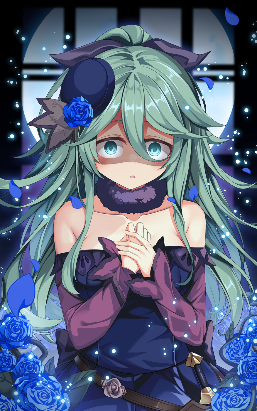 1girl bare_shoulders belt black_belt blue_dress blue_eyes blue_flower blue_headwear blue_rose blush collarbone commentary_request cosplay dress flower green_hair grey_ribbon hair_ribbon hat hat_flower highres kantai_collection long_hair long_sleeves looking_at_viewer mini_hat off-shoulder_dress off_shoulder own_hands_together parted_lips ribbon rice_shower_(umamusume) rice_shower_(umamusume)_(cosplay) rose shaded_face solo umamusume upper_body very_long_hair yamakaze_(kancolle) yasume_yukito