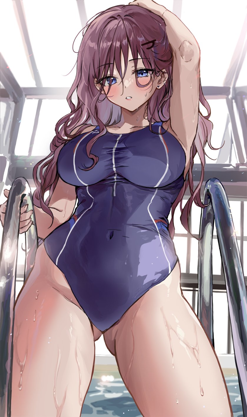 1girl arm_up ass_visible_through_thighs blue_eyes blush breasts covered_navel hair_ornament hairclip highres large_breasts long_hair looking_at_viewer one-piece_swimsuit original parted_lips pool pool_ladder poolside purple_hair saya_(mychristian2) school_swimsuit solo swimsuit thighs water wet