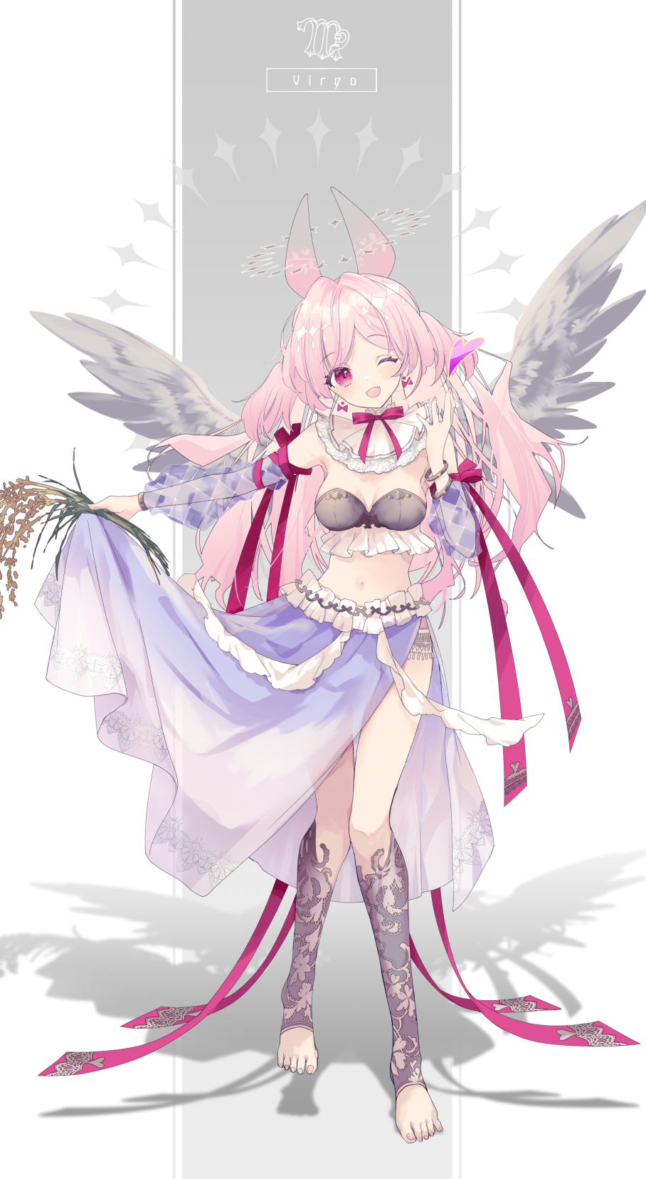 1girl ;d angel_wings animal_ears arm_ribbon bare_shoulders barefoot bow bow_earrings bowtie bra bracelet breasts cleavage crop_top detached_collar detached_sleeves earrings fang frilled_skirt frills full_body grey_background grey_bra grey_wings halo hand_up head_tilt heart highres holding holding_plant implied_extra_ears jewelry konataeru lace_socks long_hair long_sleeves looking_at_viewer midriff nail_polish one_eye_closed original outstretched_arm parted_bangs pink_bow pink_bowtie pink_eyes pink_hair pink_nails pink_ribbon plant puffy_long_sleeves puffy_sleeves purple_skirt purple_sleeves purple_socks ribbon see-through see-through_sleeves shadow side_slit skirt skirt_hold smile socks solo standing strapless strapless_bra toeless_legwear toenail_polish toenails two_side_up underwear virgo_(symbol) virgo_(zodiac) wheat wheat_bundle white_background wings