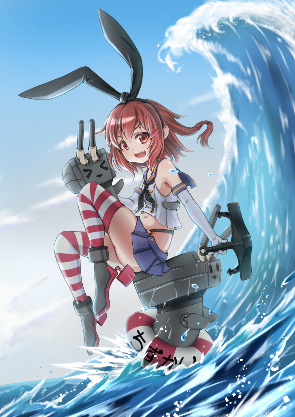 1girl anchor black_hairband black_neckerchief black_panties blue_sailor_collar blue_skirt brown_eyes brown_hair cosplay crop_top elbow_gloves fang gloves hair_ornament hairband hairclip highleg highleg_panties highres holding holding_anchor ikazuchi_(kancolle) kantai_collection looking_at_viewer microskirt neckerchief ocean open_mouth outdoors panties pleated_skirt rensouhou-chan sailor_collar shimakaze_(kancolle) shimakaze_(kancolle)_(cosplay) short_hair skirt smile solo striped striped_thighhighs tetsuryuu thighhighs thong underwear waves white_gloves