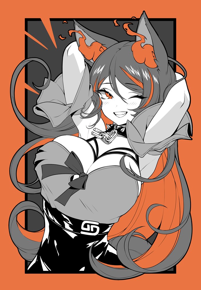 1girl animal_ears arms_behind_head belt bow bowtie breasts chain cleavage collar detached_sleeves fire grey_hair greyscale high-waist_skirt indie_virtual_youtuber large_breasts long_hair monochrome multicolored_hair nanoless off_shoulder one_eye_closed orange_eyes orange_fire orange_hair pencil_skirt sinder_(vtuber) sinder_(vtuber)_(1st_costume) skirt smile spiked_collar spikes streaked_hair two-tone_hair virtual_youtuber wolf_ears wolf_girl