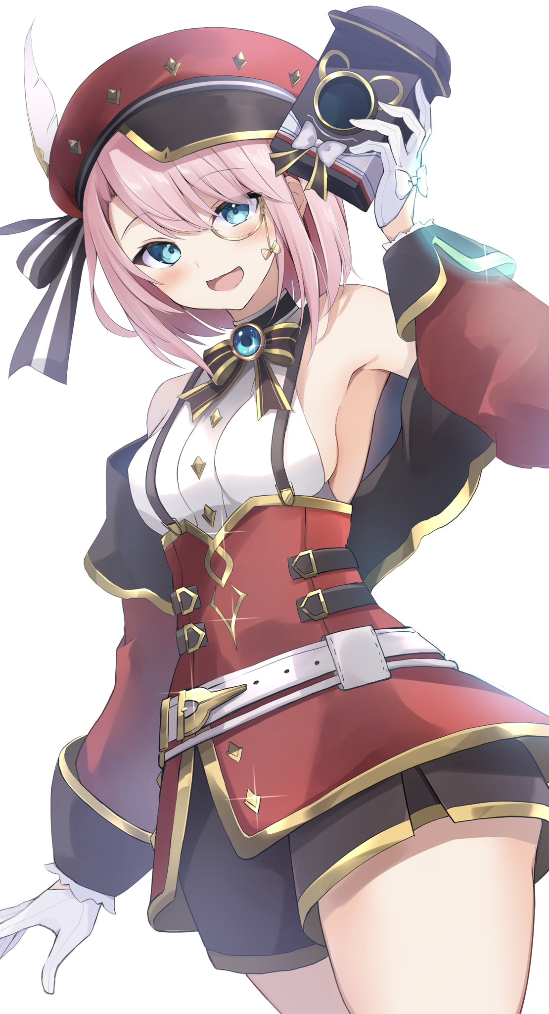 1girl arm_up armpits bare_shoulders belt black_shorts blue_eyes bow bowtie breasts brooch camera charlotte_(genshin_impact) cowboy_shot genshin_impact gloves gold_trim hat highres holding hyurasan jewelry long_sleeves looking_at_viewer medium_breasts monocle open_mouth peaked_cap pink_hair red_headwear red_sleeves shirt short_hair shorts shrug_(clothing) simple_background sleeveless sleeveless_shirt smile solo suspenders underbust undershirt white_background white_gloves white_shirt
