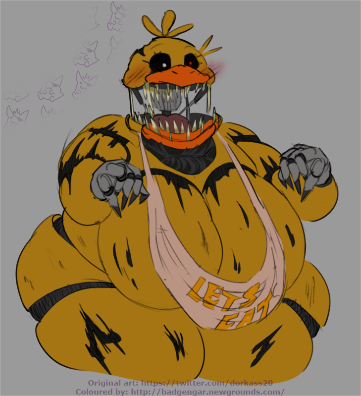 anatid animatronic anseriform anthro avian big_breasts bird black_sclera breasts dorkass duck fangs female five_nights_at_freddy's five_nights_at_freddy's_2 huge_breasts machine obese obese_anthro obese_female overweight overweight_anthro overweight_female red_eyes robot scottgames simple_background solo teeth withered_chica_(fnaf) yellow_body yellow_eyes