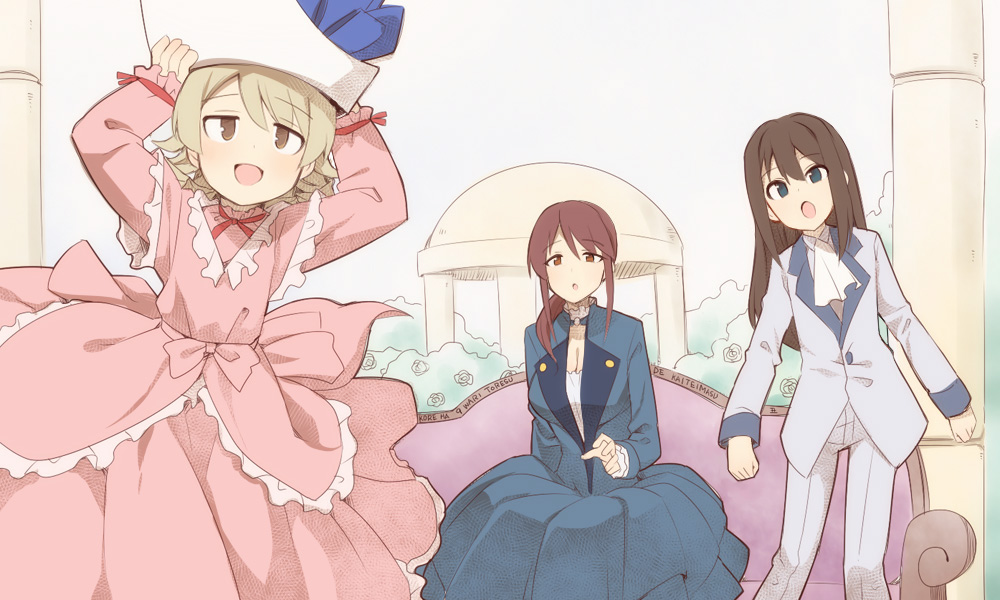 3girls :d arms_up ascot blue_dress blush breasts brown_eyes brown_hair cleavage code_geass collared_shirt cosplay couch day dress green_eyes grey_jacket grey_pants grey_shirt hair_between_eyes hands_on_headwear idolmaster idolmaster_cinderella_girls jacket lelouch_vi_britannia lelouch_vi_britannia_(cosplay) long_hair long_sleeves marianne_vi_britannia marianne_vi_britannia_(cosplay) medium_breasts mifune_miyu morikubo_nono multiple_girls nunnally_vi_britannia nunnally_vi_britannia_(cosplay) on_couch open_mouth outdoors pants pink_dress shibuya_rin shirt sitting sleeves_past_wrists smile uccow unusually_open_eyes white_ascot