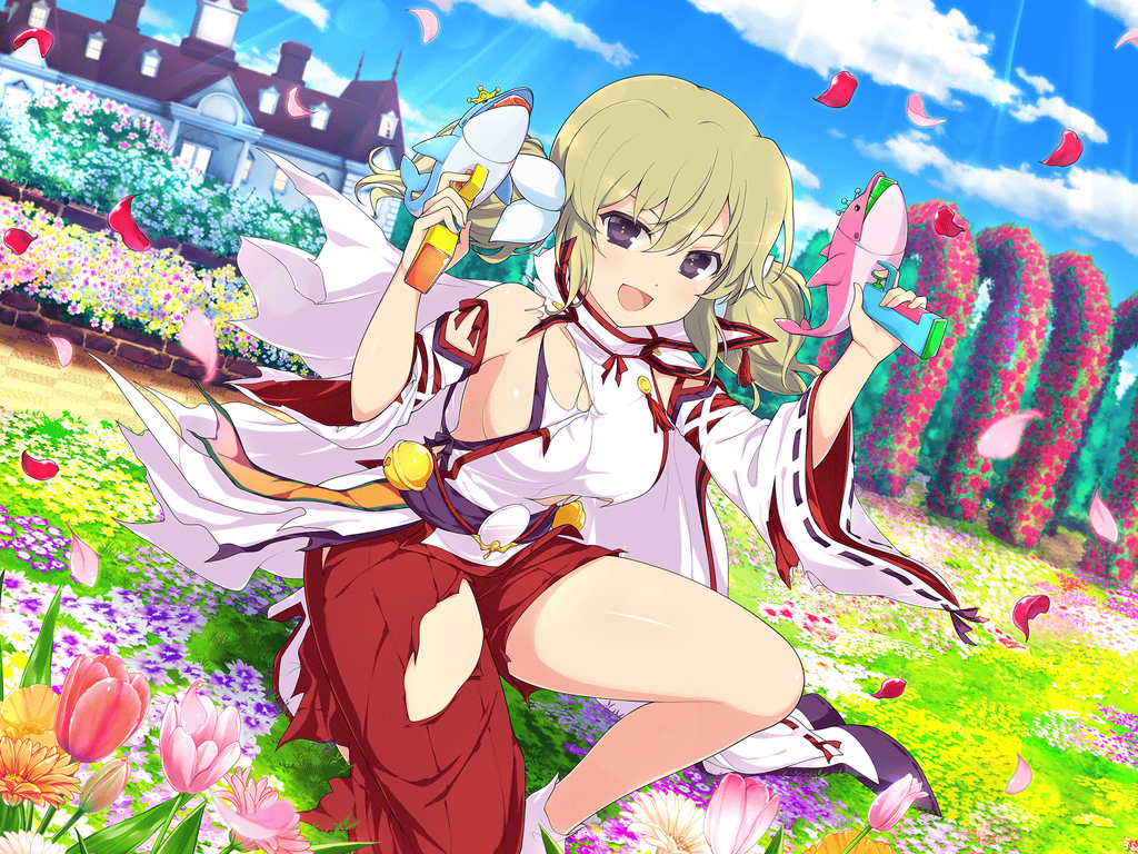 1girl arch bare_shoulders bell belt blonde_hair blue_flower blue_sky blush breasts brick capelet chimney cleavage cloud collarbone crown day detached_sleeves door dual_wielding falling_petals field finger_on_trigger flower flower_field garden grass hair_between_eyes hakama high_collar high_heels holding holding_water_gun ivy japanese_clothes jingle_bell kafuru_(senran_kagura) kimono kneeling looking_at_viewer low_twintails mansion medium_breasts mini_crown mirror nontraditional_miko official_alternate_costume official_art on_one_knee open_mouth orange_flower outdoors petals pink_flower pink_tulip purple_eyes purple_flower red_flower red_hakama red_tulip ribbon ribbon-trimmed_sleeves ribbon_trim senran_kagura senran_kagura_estival_versus senran_kagura_new_link shiny_skin sky smile solo sunlight tassel tile_floor tiles torn_clothes torn_hakama tower toy_gun tree tulip twintails two-tone_footwear v-shaped_eyebrows water_gun white_flower white_footwear white_kimono wide_sleeves window yaegashi_nan yellow_flower