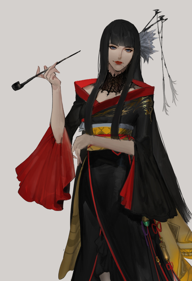 1girl arm_across_waist bat_hair_ornament black_collar black_hair black_kimono blue_eyes blunt_bangs blunt_ends collar commentary_request cowboy_shot final_fantasy final_fantasy_xiv flower grey_background hair_flower hair_ornament hair_stick hand_up holding holding_smoking_pipe hyur ikos2f inrou japanese_clothes kimono kiseru korean_commentary lace_collar long_hair looking_at_viewer mole mole_under_mouth obi obiage obijime red_lips red_trim sash sidelocks simple_background smile smoking_pipe solo standing straight_hair two-sided_fabric wide_sleeves yotsuyu_goe_brutus