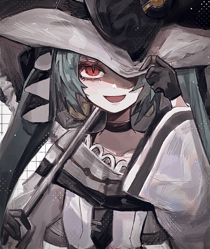 1girl black_choker black_gloves black_ribbon choker commentary dark_green_hair dark_miku_(project_voltage) earrings gloves hand_on_headwear hat hat_ribbon hatsune_miku jewelry long_sleeves looking_at_viewer luxury_ball naruse_(nal1525) one_eye_covered open_mouth poke_ball pokemon project_voltage red_eyes ribbon ring smile vocaloid