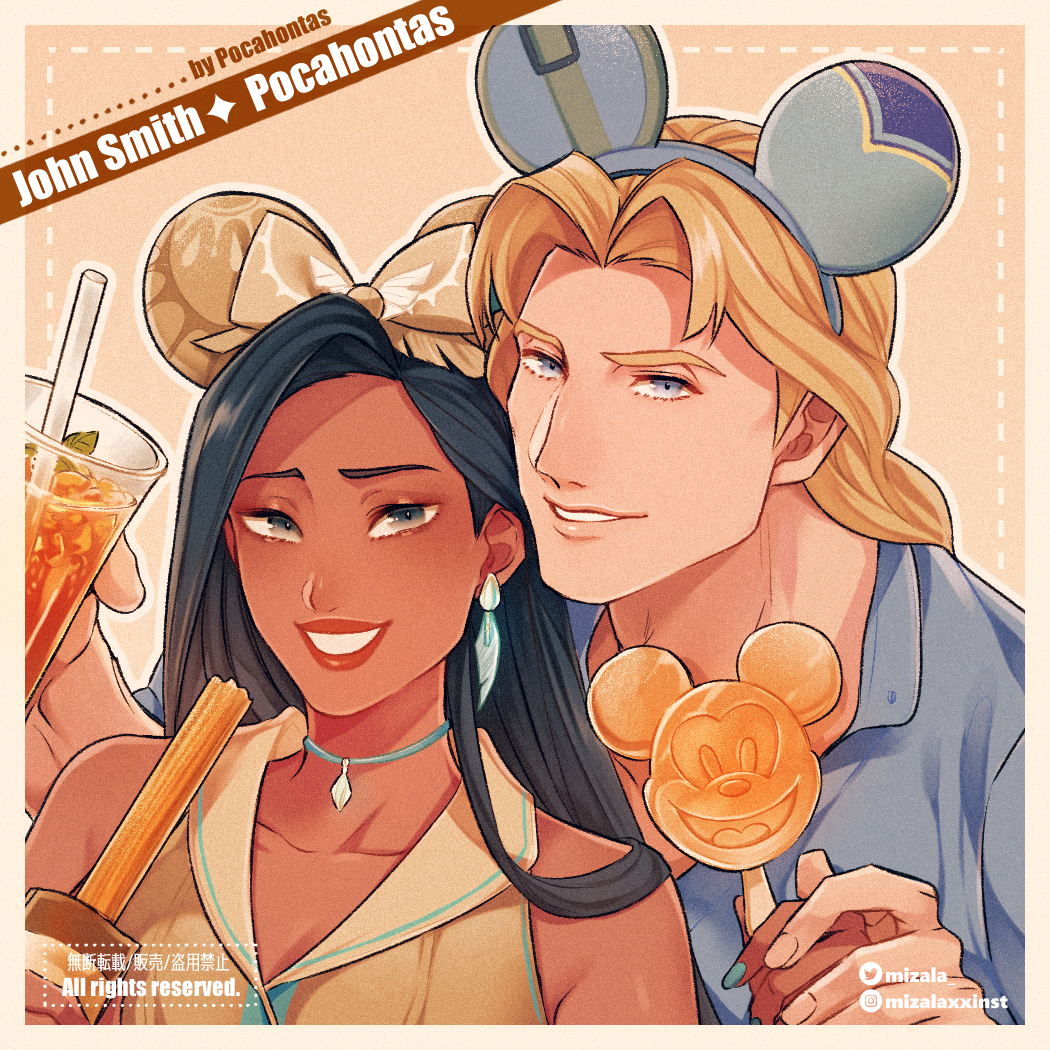 1boy 1girl black_hair blonde_hair blue_nails blue_shirt bow brown_bow character_name choker churro copyright_name cup dark-skinned_female dark_skin disney disposable_cup drinking_straw earrings feather_earrings feathers food hair_bow hetero holding holding_cup holding_food holding_hands instagram_username jewelry lipstick long_hair makeup mickey_mouse mickey_mouse_ears mizala pocahontas pocahontas_(disney) popsicle shirt simple_background twitter_username upper_body watermark