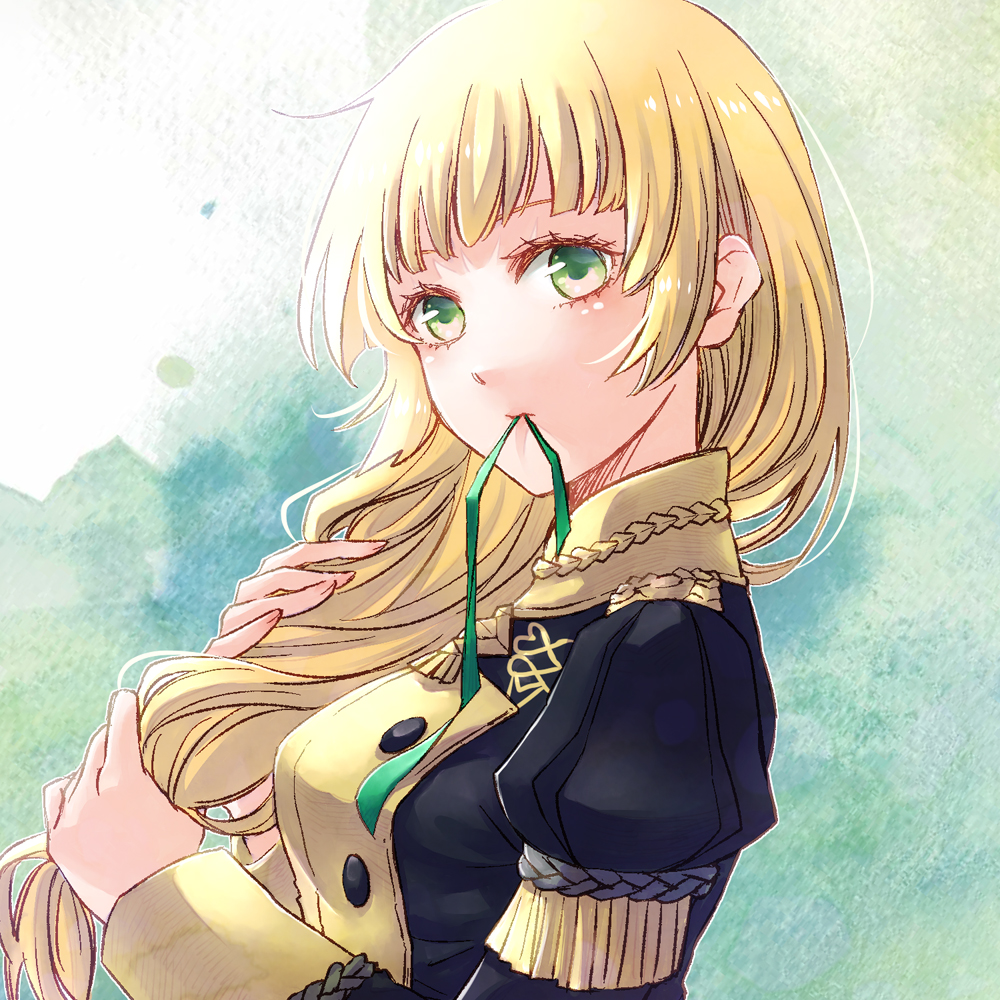 1girl black_jacket blonde_hair breasts commentary_request ebi_puri_(ebi-ebi) fire_emblem fire_emblem:_three_houses garreg_mach_monastery_uniform green_eyes green_ribbon ingrid_brandl_galatea jacket juliet_sleeves long_hair long_sleeves looking_at_viewer medium_breasts mouth_hold puffy_sleeves ribbon solo upper_body very_long_hair