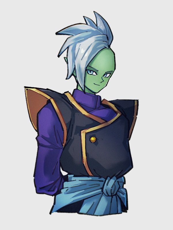 1boy closed_mouth colored_skin dragon_ball dragon_ball_super green_skin grey_background kemachiku looking_at_viewer male_focus pointy_ears short_hair simple_background smile solo white_hair zamasu