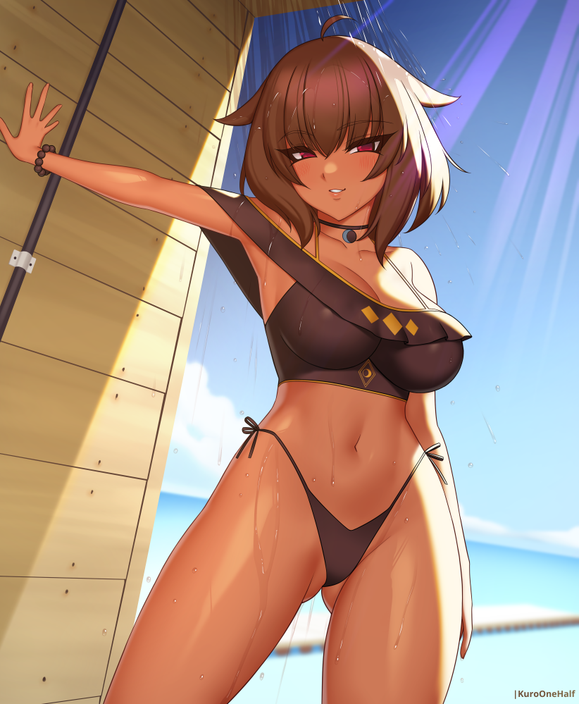 1girl ahoge arm_at_side armpits ass_visible_through_thighs bead_bracelet beads bikini black_bikini black_choker black_ribbon blue_sky bracelet brown_hair choker collarbone commission contrapposto dark-skinned_female dark_skin day hair_flaps jewelry kuroonehalf looking_at_viewer ocean original outdoors outstretched_arm parted_lips red_eyes ribbon short_hair showering side-tie_bikini_bottom sky smile solo swimsuit water wooden_wall