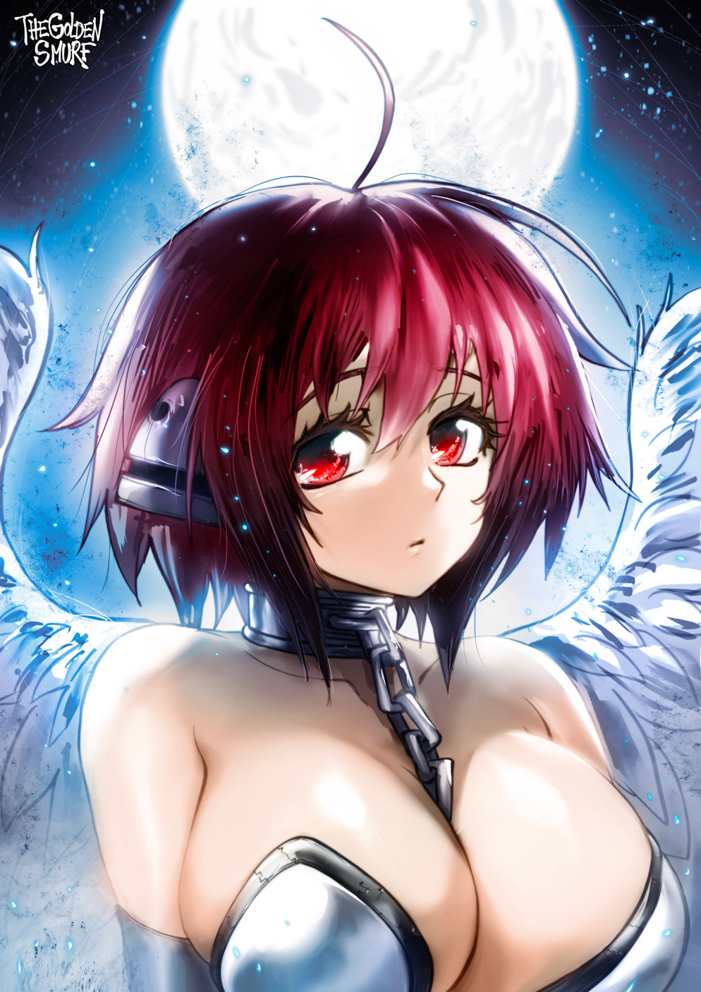 1girl ahoge angel_wings bare_shoulders black_hair breasts chain cleavage closed_mouth english_commentary feathered_wings gradient_hair hair_between_eyes highres ikaros large_breasts looking_at_viewer moon multicolored_hair paid_reward_available red_eyes red_hair robot_ears short_hair signature solo sora_no_otoshimono the_golden_smurf two-tone_hair wings