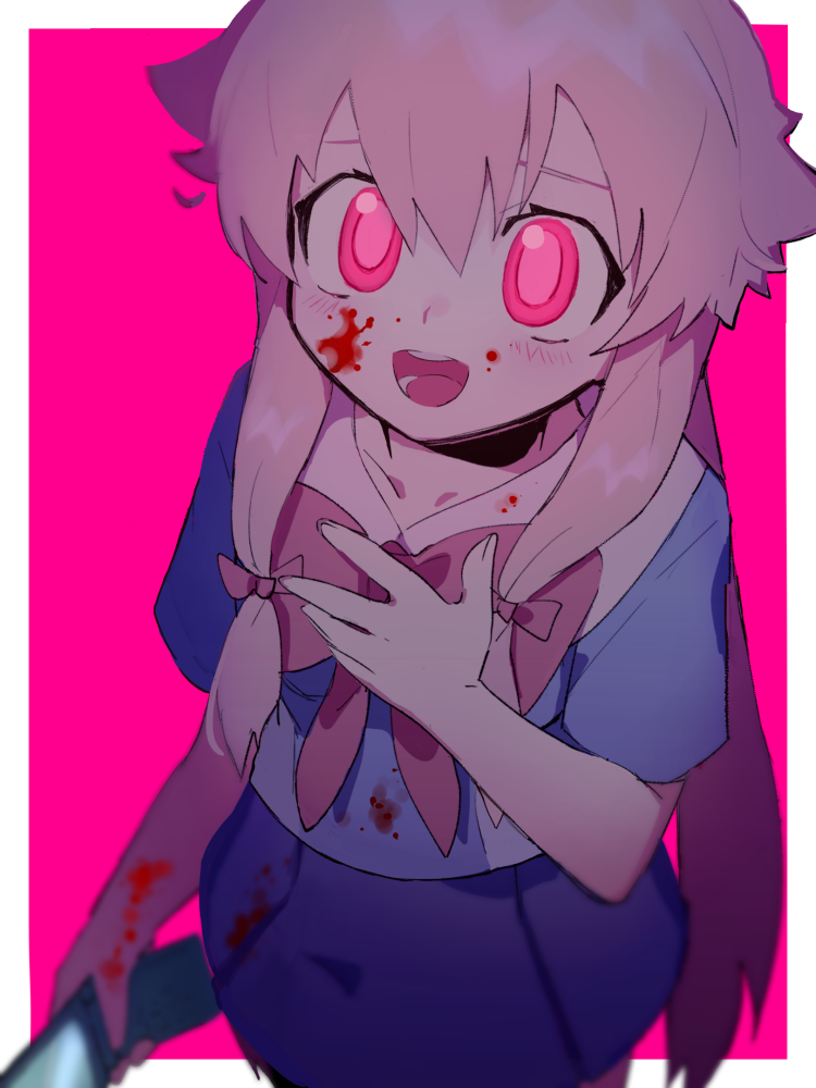1girl :d a_(poipiku_325815) blood blood_on_clothes blood_on_face blood_on_hands blue_shirt blue_skirt blush bow cellphone collar collared_shirt commentary_request gasai_yuno hair_between_eyes hand_up holding holding_phone long_hair looking_at_viewer mirai_nikki open_mouth phone pink_background pink_bow pink_eyes pink_hair pleated_skirt shirt short_sleeves skirt smile solo standing very_long_hair white_collar