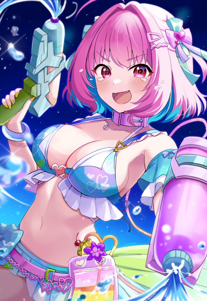 1girl bikini breasts choker cleavage crying crying_with_eyes_open drink_pouch dual_wielding fang frilled_bikini frills hair_ornament hair_ribbon highres holding idolmaster idolmaster_cinderella_girls idolmaster_cinderella_girls_starlight_stage jewelry large_breasts looking_at_viewer miniskirt multicolored_bikini multicolored_clothes multicolored_hair navel necklace open_mouth pink_eyes pink_hair ribbon sakura_ran short_hair sideboob skirt smile solo swimsuit tears water_gun yumemi_riamu