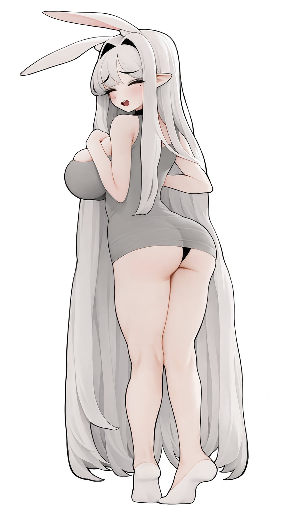 1girl animal_ears ass black_panties blush breasts closed_eyes from_behind full_body grey_hair grey_tank_top hair_intakes hands_on_own_breasts highres huge_breasts long_hair mole mole_under_eye open_mouth original panties pointy_ears rabbit_(wlsdnjs950) rabbit_ears simple_background socks solo standing sweat tank_top underwear very_long_hair white_background white_socks
