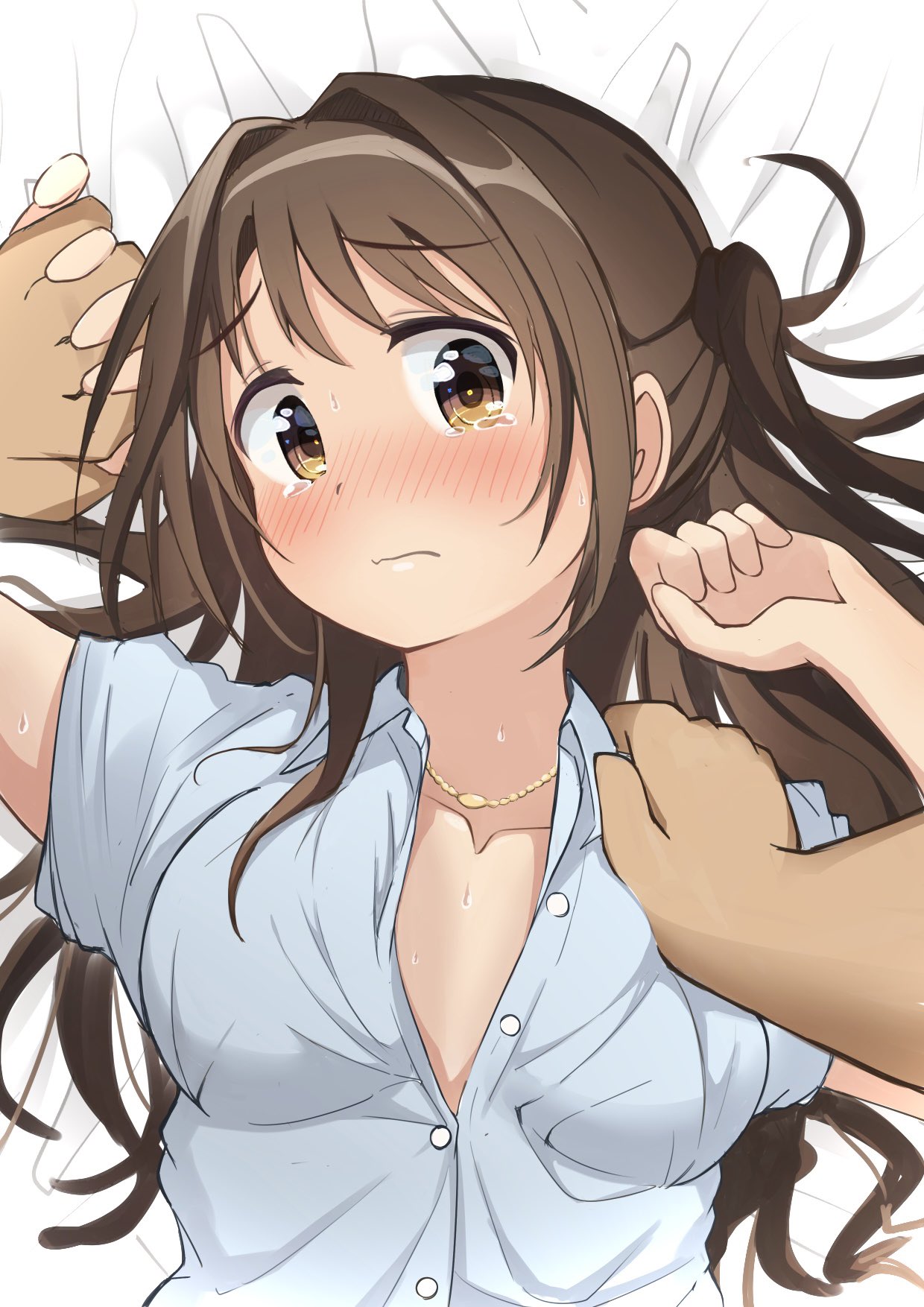 1boy 1girl bed_sheet blush breasts brown_eyes brown_hair buttons cleavage closed_mouth collarbone commentary_request hand_on_another's_shoulder highres holding_hands idolmaster idolmaster_cinderella_girls interlocked_fingers jewelry kuwahara long_hair looking_at_viewer lying medium_breasts necklace on_bed pov shimamura_uzuki shirt short_sleeves sidelocks sweat tearing_up unbuttoned unbuttoned_shirt upper_body wavy_mouth white_shirt