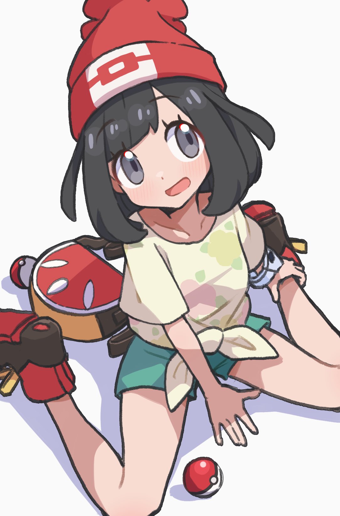 1girl bag_removed bare_legs beanie black_hair blush boots bracelet collarbone commentary_request eyelashes floral_print green_shorts grey_eyes hat highres hiisu_(s-1104-d) jewelry open_mouth poke_ball poke_ball_(basic) pokemon pokemon_(game) pokemon_sm red_headwear selene_(pokemon) shirt short_shorts short_sleeves shorts sitting solo t-shirt tied_shirt tongue yellow_shirt z-ring