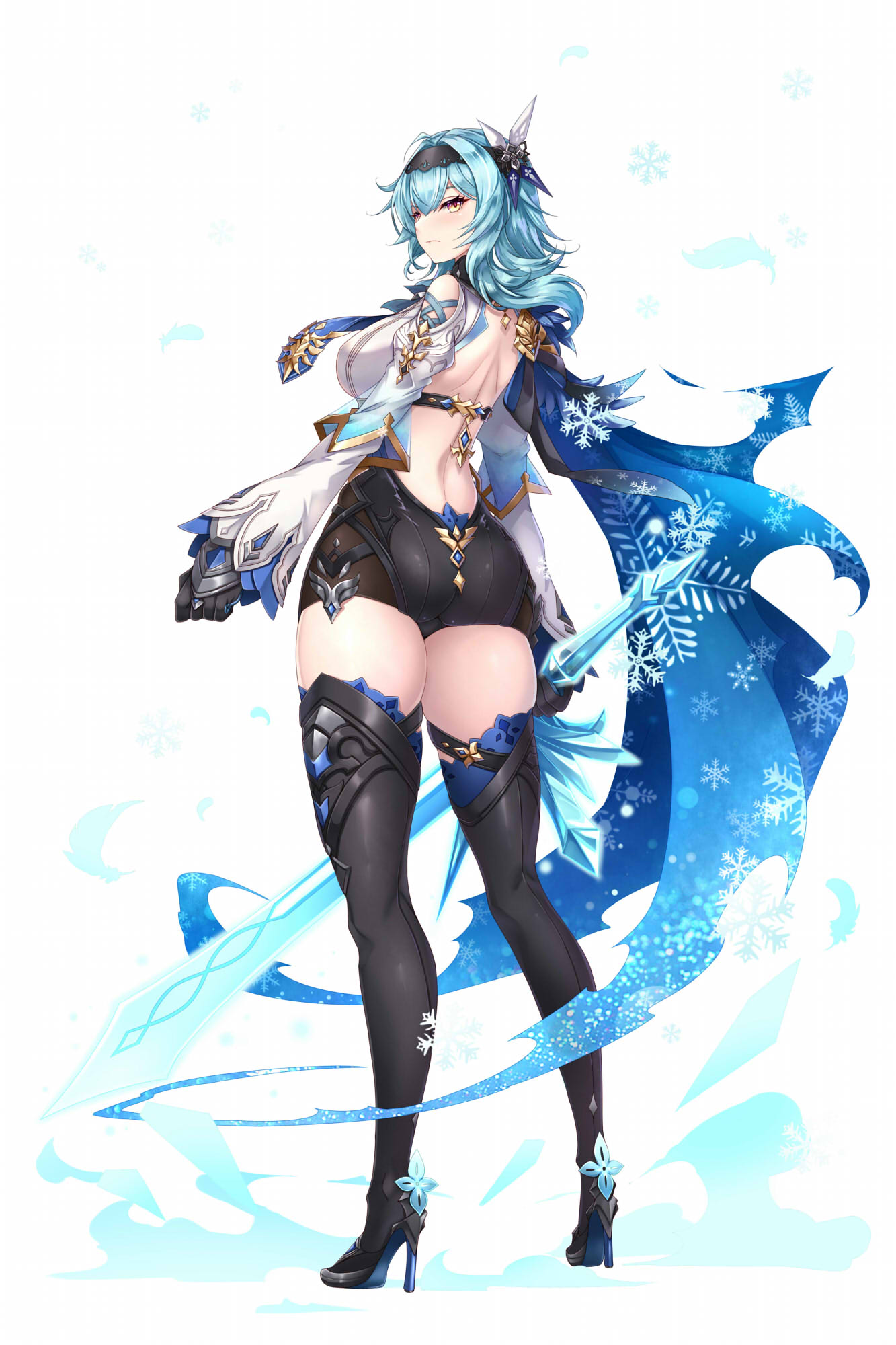 1girl aata1007 ass back backless_outfit belt black_footwear black_gloves black_hairband black_leotard blue_cape blue_hair blush boots breasts cape crystal_sword eula_(genshin_impact) genshin_impact gloves greatsword hair_ornament hairband high_heel_boots high_heels highres large_breasts leotard long_sleeves looking_at_viewer looking_back medium_hair necktie shirt sidelocks snowflakes sword thigh_boots underbust weapon white_shirt yellow_eyes