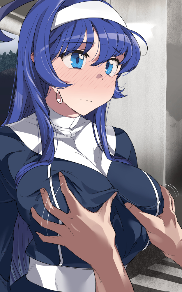 1boy 1girl ahoge blue_eyes blue_hair blush breasts closed_mouth grabbing grabbing_another's_breast hair_between_eyes hairband hetero huge_ahoge large_breasts long_hair motion_lines orie_(under_night_in-birth) sweatdrop touniyuu under_night_in-birth white_hairband