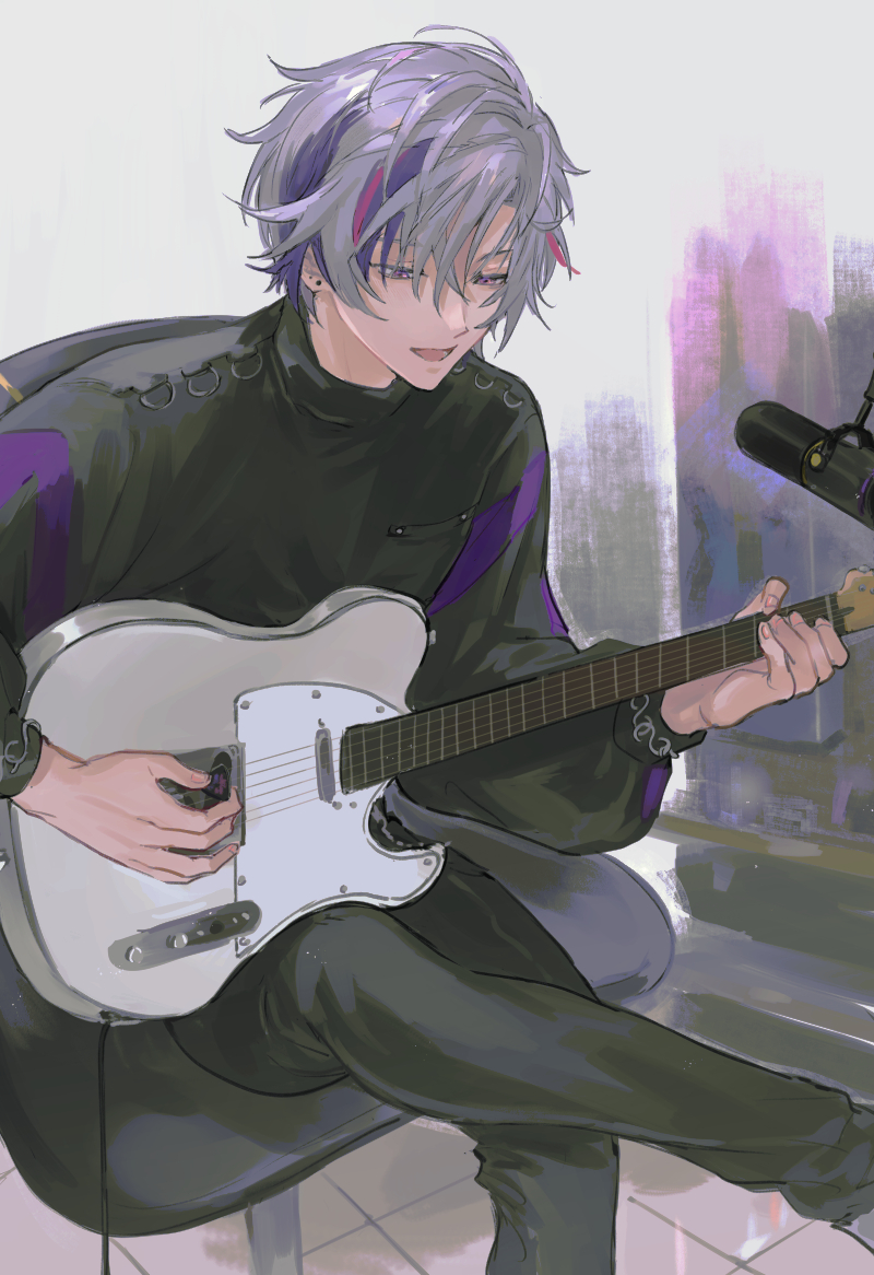 1boy black_gloves black_kimono commentary_request electric_guitar fuwa_minato gloves guitar instrument japanese_clothes kimono long_hair makeup male_focus moimirr multicolored_hair music nijisanji on_chair playing_instrument purple_eyes purple_hair red_hair sitting solo virtual_youtuber