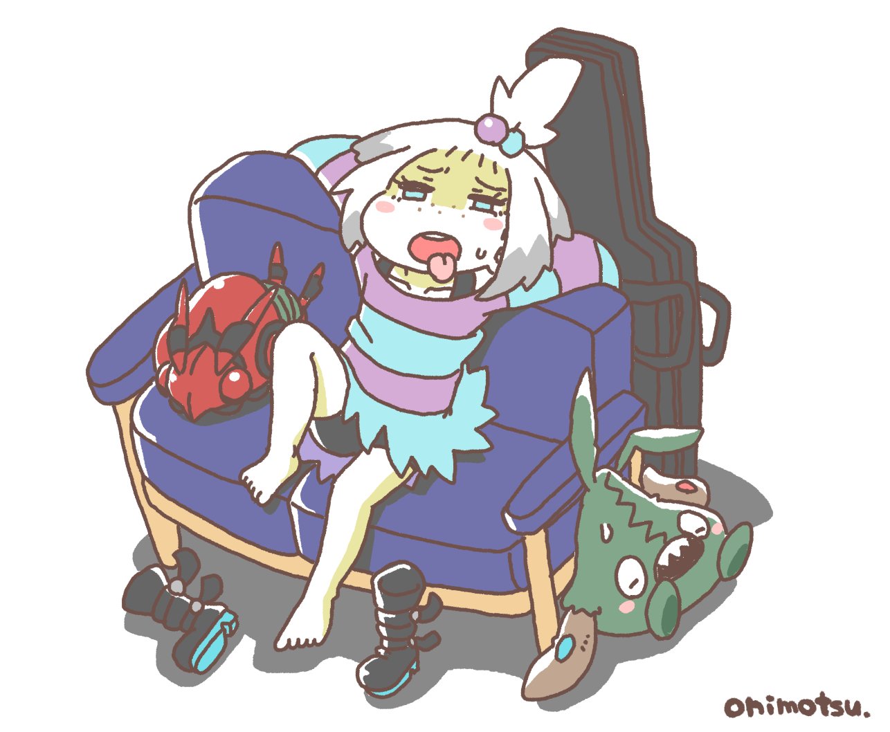 1girl barefoot bike_shorts black_footwear blue_eyes couch freckles guitar_case hair_bobbles hair_ornament instrument_case onimotsu_matarou platform_footwear pokemon pokemon_(game) pokemon_bw2 roxie_(pokemon) shirt sitting sitting_on_object striped striped_shirt sweat tongue tongue_out trubbish venipede white_hair