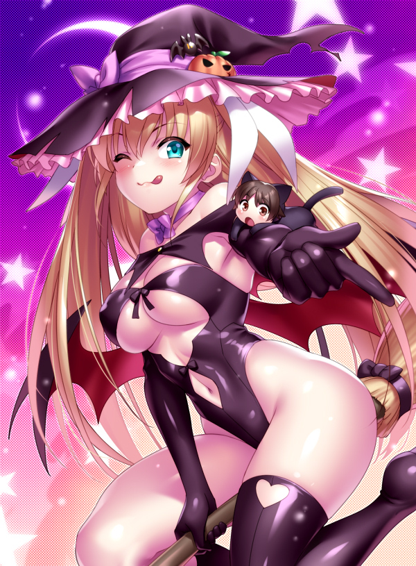 1girl ass blonde_hair blue_eyes bow breasts hair_ornament hair_ribbon halloween halloween_costume hat little_busters! long_hair ribbon tokido_saya twintails very_long_hair witch_hat zen_(kamuro)