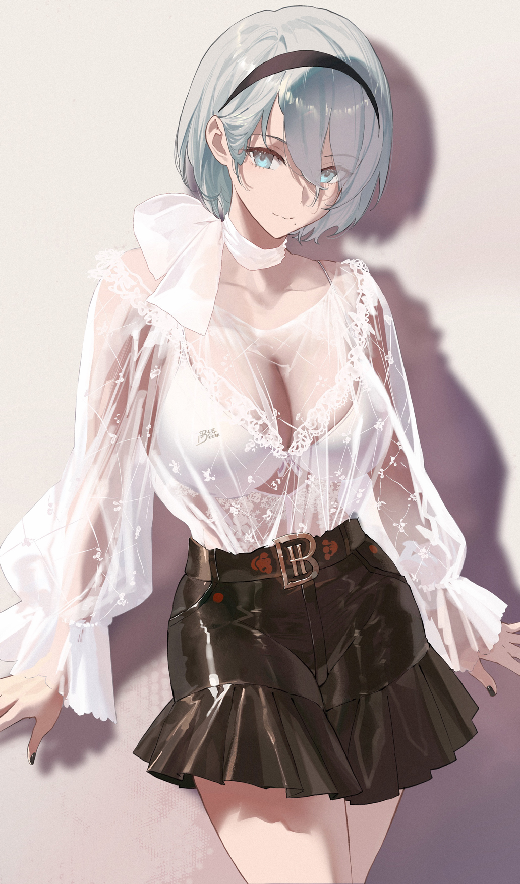 1girl 2b_(nier:automata) alternate_breast_size alternate_costume belt_buckle black_hairband black_nails black_skirt blue_eyes bra breasts buckle cleavage cowboy_shot grey_hair hairband highres large_breasts mole mole_under_mouth nier:automata nier_(series) salmon88 see-through shadow shirt short_hair skirt underwear white_bra white_shirt