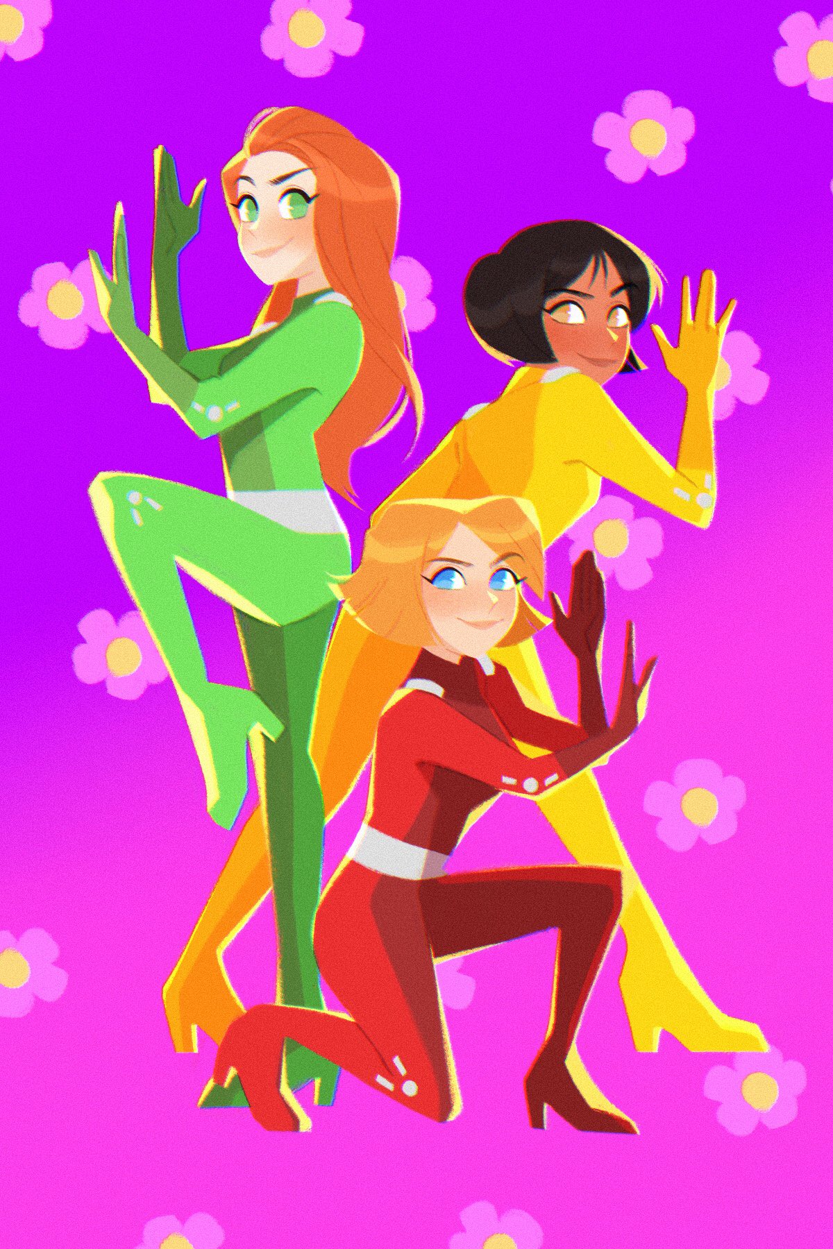 3girls alex_(totally_spies) ass belt black_hair blonde_hair blue_eyes bodysuit breasts brown_eyes catsuit clover_(totally_spies) dark-skinned_female dark_skin english_commentary flower full_body green_bodysuit green_eyes highres impossible_bodysuit impossible_clothes latex long_hair looking_at_viewer medium_breasts metal_belt multiple_girls red_bodysuit red_hair sam_(totally_spies) short_hair skin_tight smile stripedpants totally_spies whoop_catsuit yellow_bodysuit