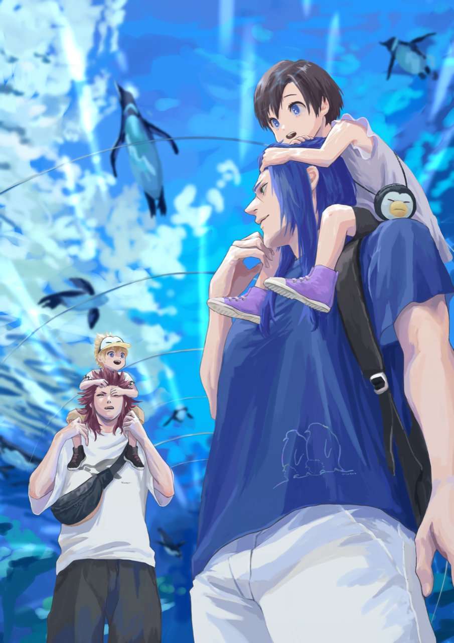 1girl 3boys aquarium axel_(kingdom_hearts) backpack bag bird black_footwear black_hair black_pants black_shorts blonde_hair blue_eyes blue_hair blue_shirt carrying child closed_eyes fanny_pack frilled_sleeves frills from_below hair_between_eyes hair_slicked_back hat highres kingdom_hearts kingdom_hearts_ii long_hair mukashino multiple_boys open_mouth pants parted_bangs penguin penguin_hat piggyback purple_footwear red_hair roxas saix scar scar_on_face scar_on_forehead shirt shoes short_hair short_sleeves shorts smile sneakers upper_body white_pants white_shirt xion_(kingdom_hearts)