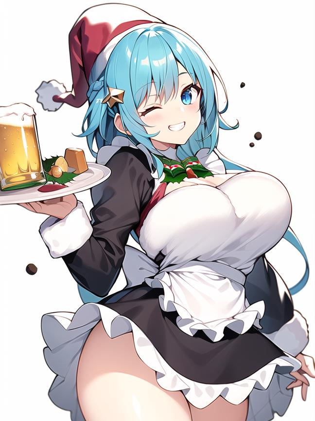 1girl ai-generated aqua_(konosuba) breasts christmas christmas_ornaments goddess_of_water hat kono_subarashii_sekai_ni_shukufuku_wo! large_breasts maid maid_cafe maid_day maid_headdress non-web_source santa_hat sexy_or_cute?