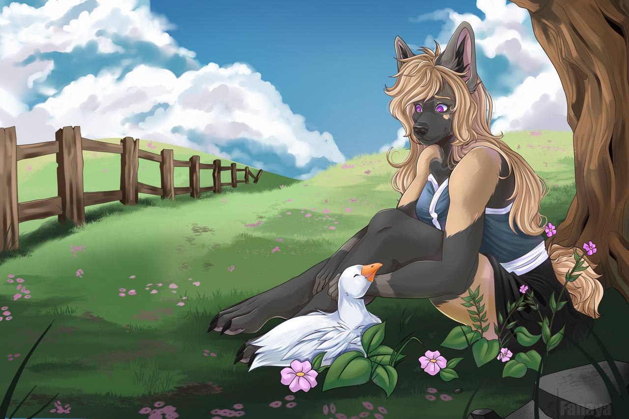 anatid anseriform anthro avian bird canid canine clothing cloud countryside detailed_background duck fanaya female flower fox mammal markings plains plant sitting solo