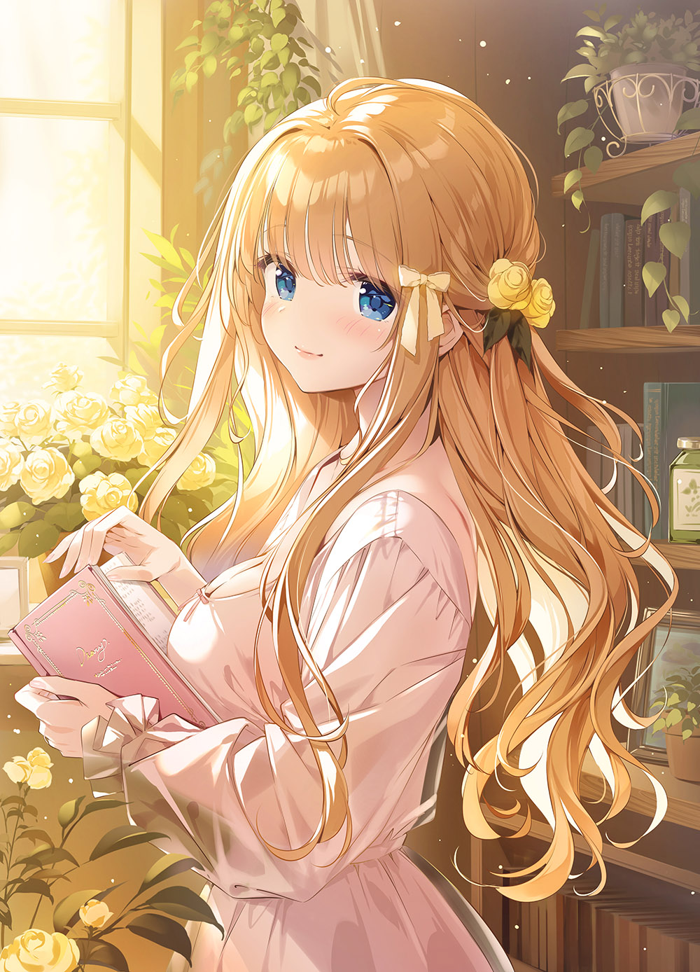 1girl blonde_hair blue_eyes blush book bottle breasts character_request cleavage copyright_request flower from_side hair_flower hair_ornament highres holding holding_book indoors kimishima_ao large_breasts light_smile long_hair long_sleeves looking_at_viewer open_book plant potted_plant solo standing upper_body window