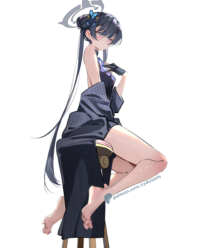 1girl bare_arms barefoot black_dress black_gloves black_hair black_jacket blue_archive china_dress chinese_clothes double_bun dress full_body gloves grey_eyes grey_halo hair_bun halo jacket kisaki_(blue_archive) legs long_hair looking_at_viewer mixed-language_commentary off_shoulder on_chair patreon_username side_slit simple_background sleeveless solo sydus thighs toes twintails very_long_hair white_background