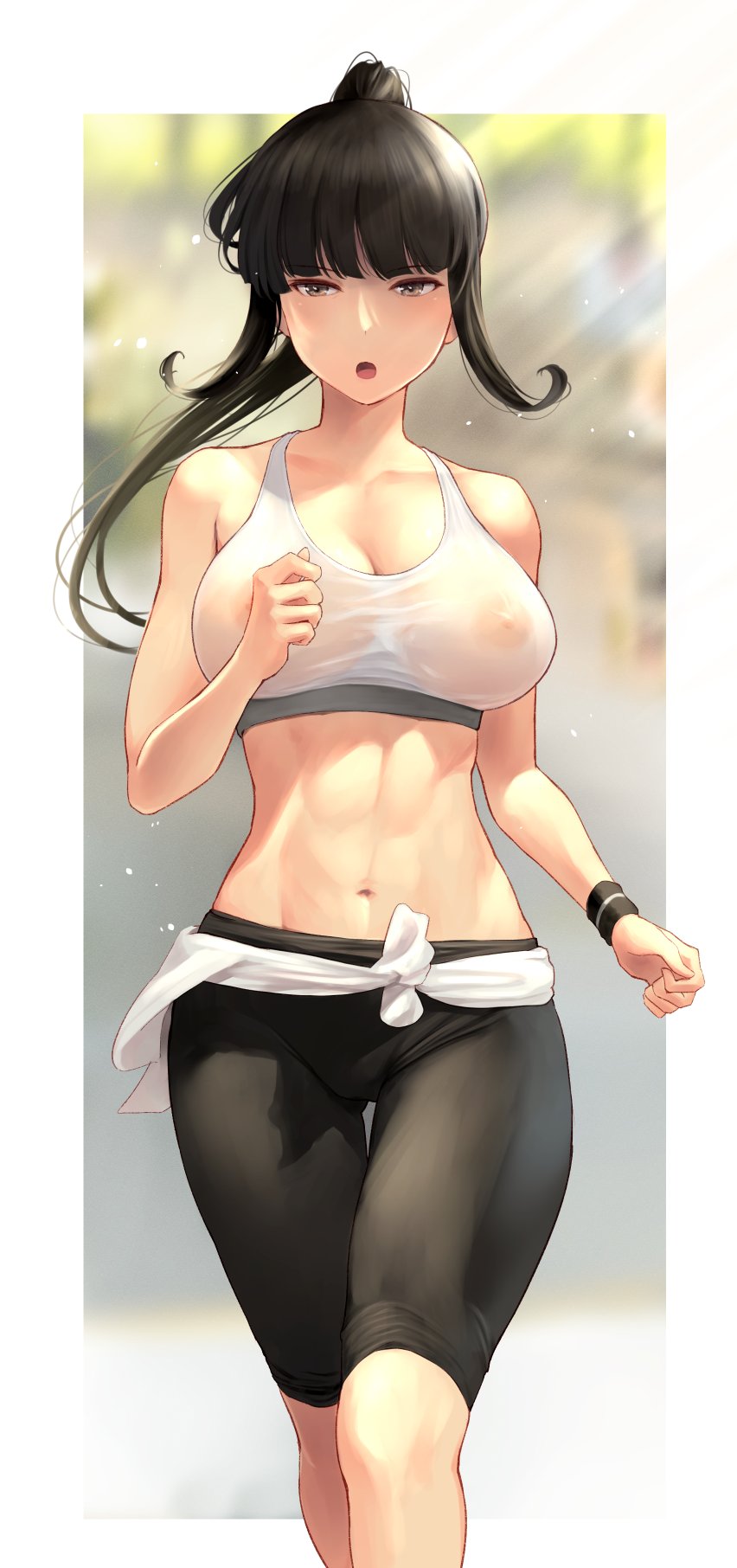 1girl alternate_costume alternate_hairstyle bare_shoulders black_hair blunt_bangs blurry blurry_background border breasts brown_eyes cleavage collarbone commentary_request covered_nipples exercise girls_und_panzer highres jogging large_breasts long_hair mature_female navel nishizumi_shiho open_mouth outdoors outside_border pants ponytail revision running solo sports_bra sweatband thighs toned track_pants wa_(genryusui) white_border white_sports_bra