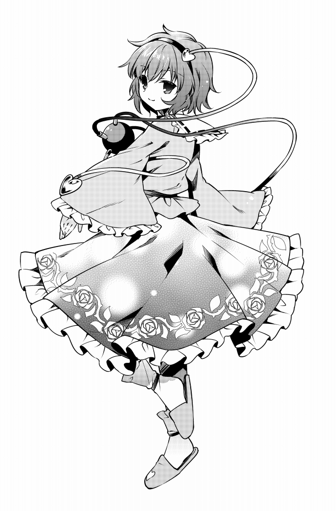 1girl closed_mouth commentary_request floral_print frilled_skirt frilled_sleeves frills full_body greyscale hairband heart kapuchii komeiji_satori long_sleeves looking_at_viewer messy_hair monochrome rose_print short_hair skirt slippers solo third_eye touhou upper_body wide_sleeves