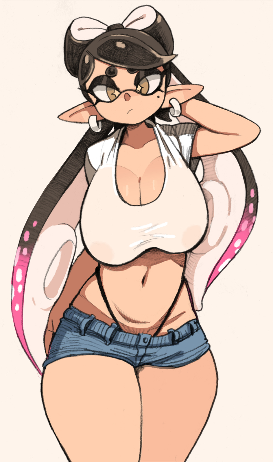 animal_humanoid big_breasts bottomwear breasts callie_(splatoon) cephalopod cephalopod_humanoid cleavage clothed clothing crop_top cutoffs daisy_dukes denim denim_clothing female frown hand_behind_head hi_res hotpants huge_breasts humanoid humanoid_pointy_ears inkling looking_at_viewer marine marine_humanoid midriff mollusk mollusk_humanoid nintendo not_furry pseudo_hair pupils shirt shorts simple_background sketch solo splatoon tentacle_hair tentacles thick_thighs thong topwear underwear unusual_pupils white_background yuta_agc