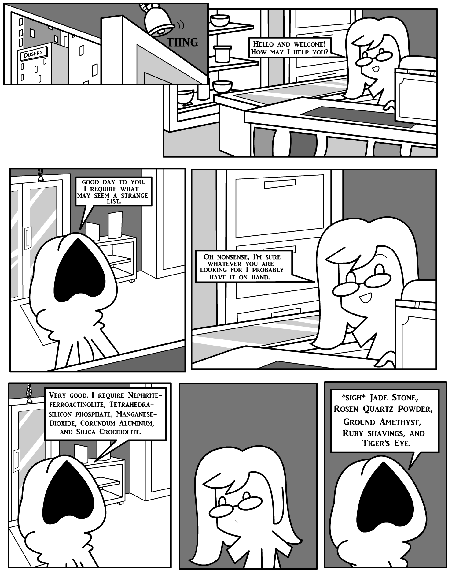 ambiguous_gender bell border city clothed clothing comic container dialogue door drawer duo english_text eyewear female female_(lore) furniture glasses greyscale hi_res hoodie human human_only inside looking_at_another mammal mivliano_10-c monochrome motion_lines not_furry open_mouth shane_frost smile sound_effects speech_bubble standing table text topwear white_border window