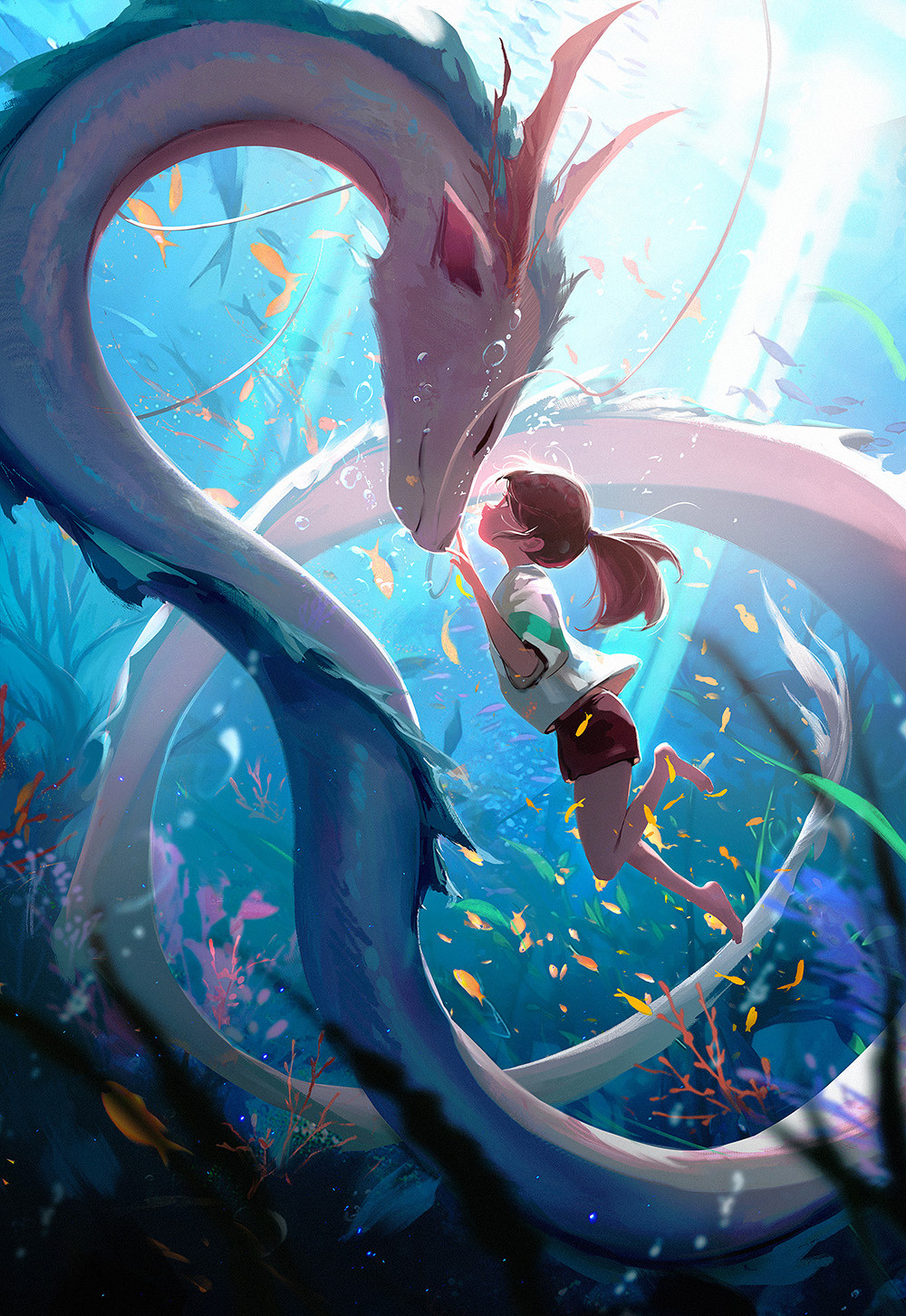 1boy 1girl air_bubble brown_hair bubble commentary coral dragon eastern_dragon english_commentary fish haku_(sen_to_chihiro_no_kamikakushi) highres long_hair looking_at_another ogino_chihiro plant ponytail ross_tran sen_to_chihiro_no_kamikakushi shirt shorts sunlight swimming underwater whiskers
