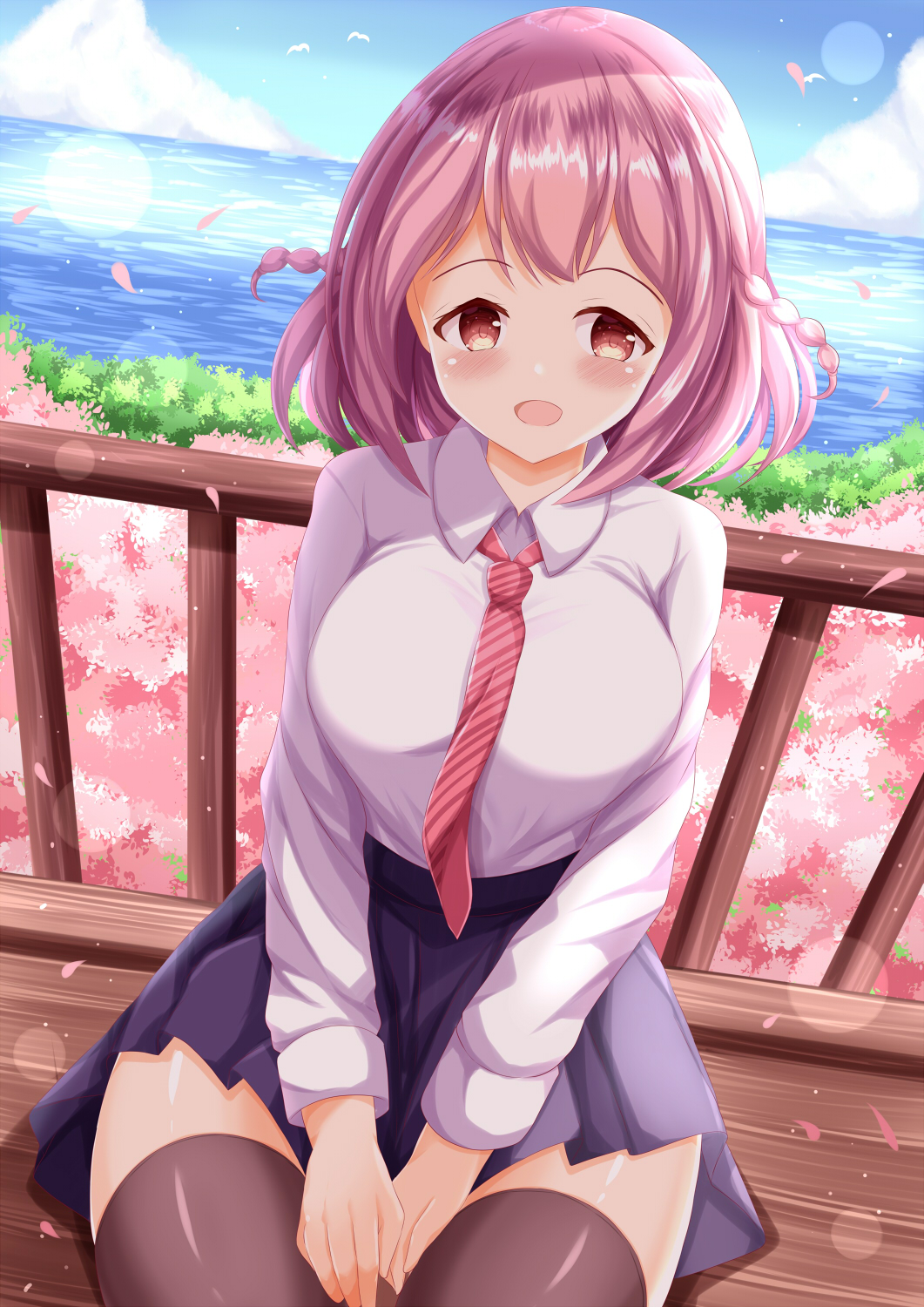 1girl :d bangs between_legs blue_skirt blue_sky blush braid breasts brown_eyes brown_thighhighs cloud collared_shirt day diagonal-striped_necktie hand_between_legs highres horizon hoshizaki_akari large_breasts looking_at_viewer ocean ongeki outdoors petals pink_hair pleated_skirt railing shirt sitting skirt sky smile solo thighhighs twin_braids water white_shirt zenon_(for_achieve)