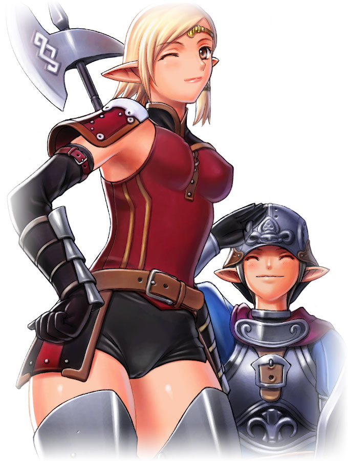 1boy 1girl ;) ^_^ altennia arm_belt arm_guards belt belt_buckle black_gloves black_shorts blonde_hair breasts brown_belt brown_eyes buckle cameltoe circlet closed_eyes closed_mouth covered_nipples elbow_gloves elf elvaan final_fantasy final_fantasy_xi gloves grey_headwear hand_on_own_hip helmet lips medium_breasts no_bra one_eye_closed pink_lips pointy_ears red_belt red_shirt salute shirt short_hair short_shorts shorts sideboob simple_background sleeveless sleeveless_shirt smile standing taisai_soft thighhighs weapon white_background